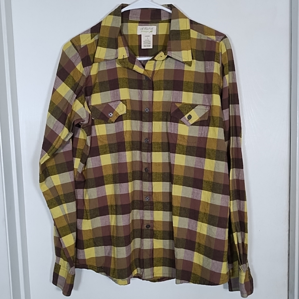 Wrangler Women's L Button Down Shirt Purple Yellow/Green Plaid Top As Real As